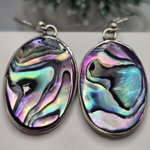 Mexican Sterling Silver Earrings Genuine Iridescent Paua Abalone Shell Oval